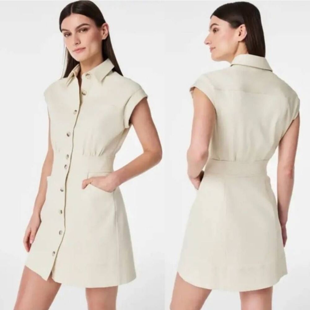 SPANX Cream Button-Front Mini Shirt Dress